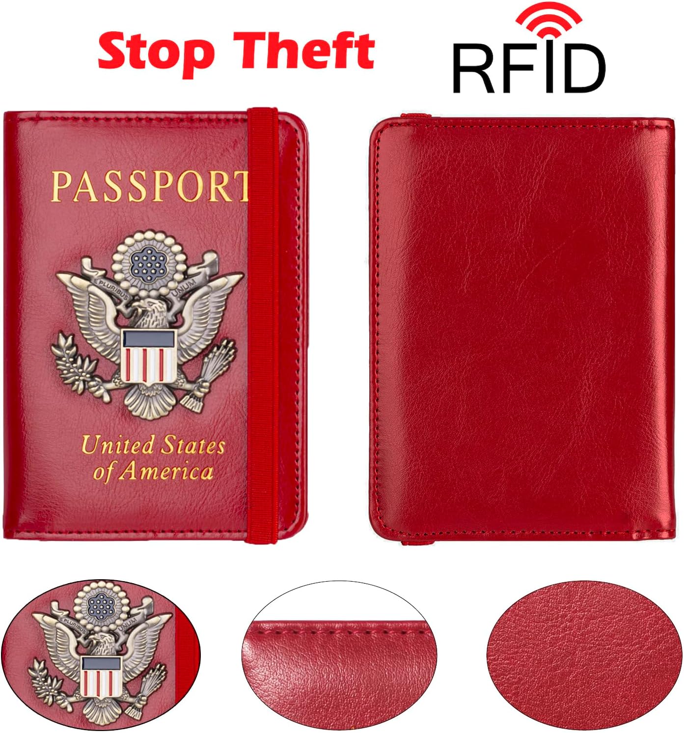 Passport Holder for Travel Men Women, RFID Blocking Passport Cover Leather Passport Wallet With 3D Metal Badge Waterproof Passport Case Travel Wallets Accessories Document Organizer (Red)