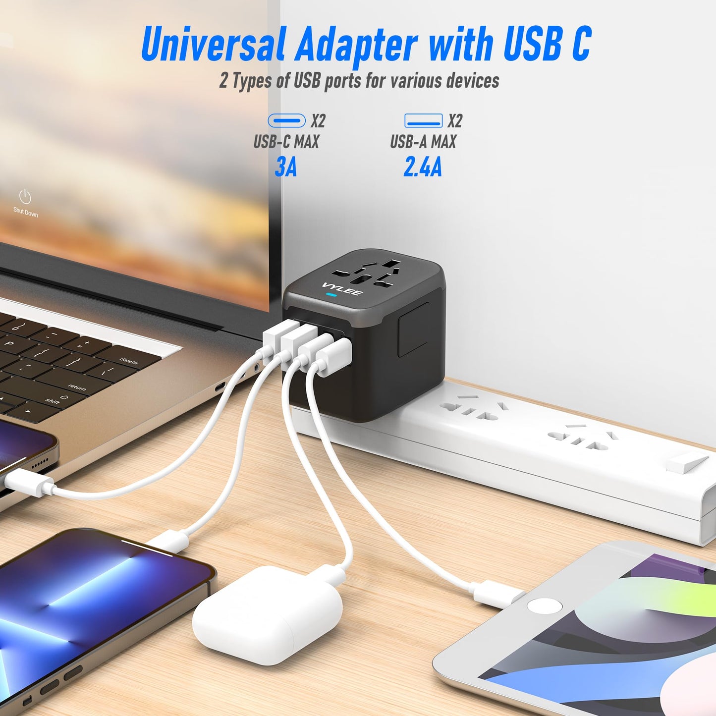 VYLEE Universal Travel Adapter, 5 in 1 International Power Adapter