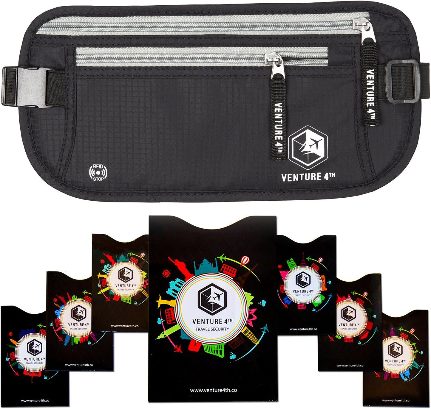 VENTURE 4TH Slim Minimalist Design RFID Money Belt with RFID Blocking Sleeves, for Men and Women – Ideal for Keeping Your Cash, Credit Card, Passport, Phone Secure When Traveling - Black