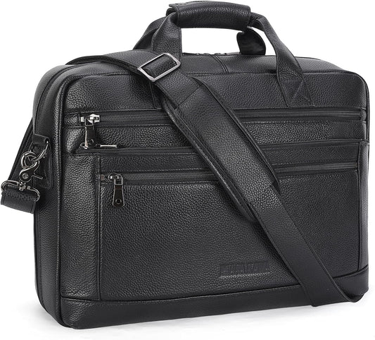 Masa Kawa Men’s Leather Briefcase for 16" Laptop Waterproof Crossbody Shoulder Messenger Bag Computer Attache Case for Business Travel Work, Black