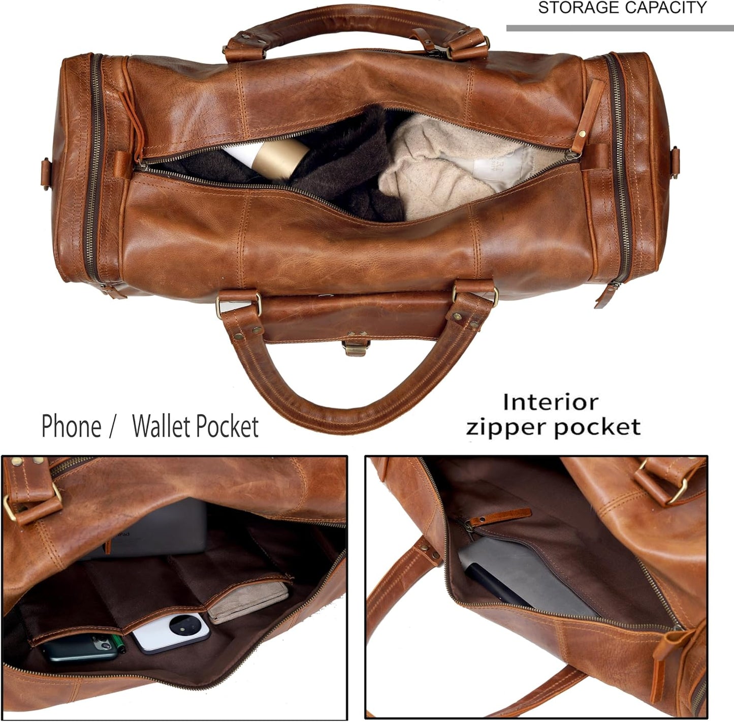 Leather Duffel Bag for Men & Women, Genuine Weekender Travel Bag, Handmade Overnight Gym Bag with Shoulder Strap, Carry-On for Business & Outdoor Travel (Asher Duffel, Light Brown, 22 Inch)