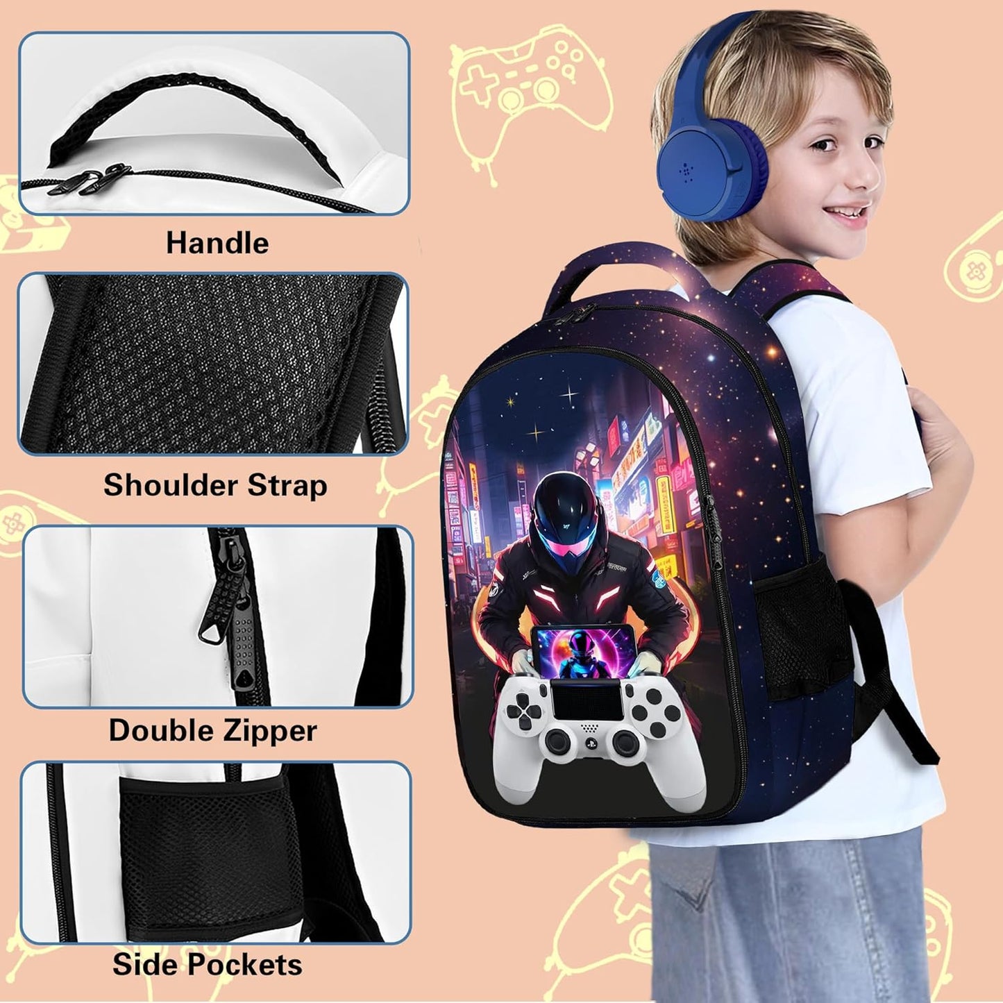 Game Backpack Set for Boys, Gaming Backpack 3 Pack, Boys Lunch Box, and Pencil Bag for Kids, 17"