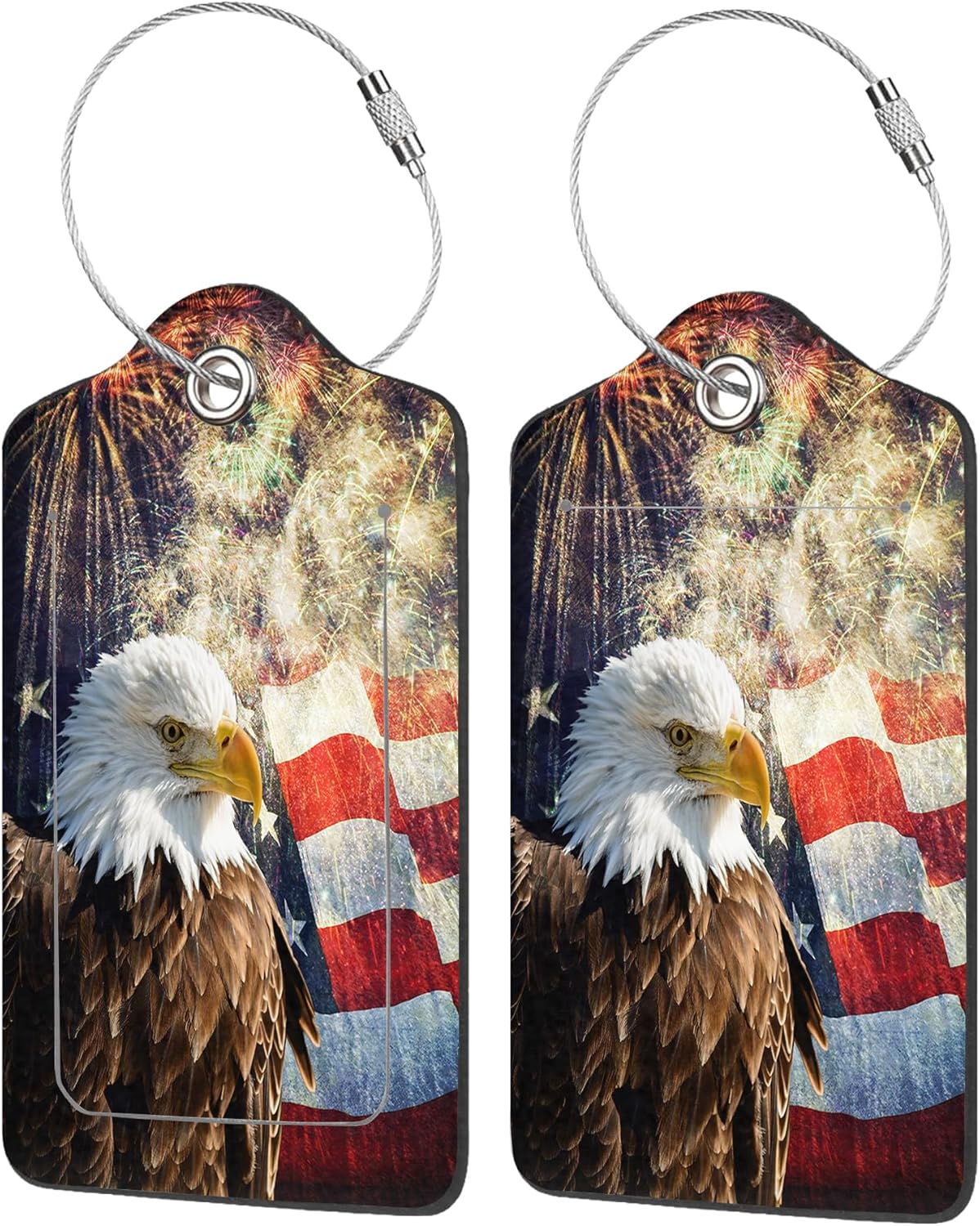 2 Pack Luggage Tags for Suitcases,Bald Eagle with USA Flag Luggage Tag,PU Leather Id Label Luggage Tags with Stainless Steel Loop and Privacy Cover for Women Men Teens Travel