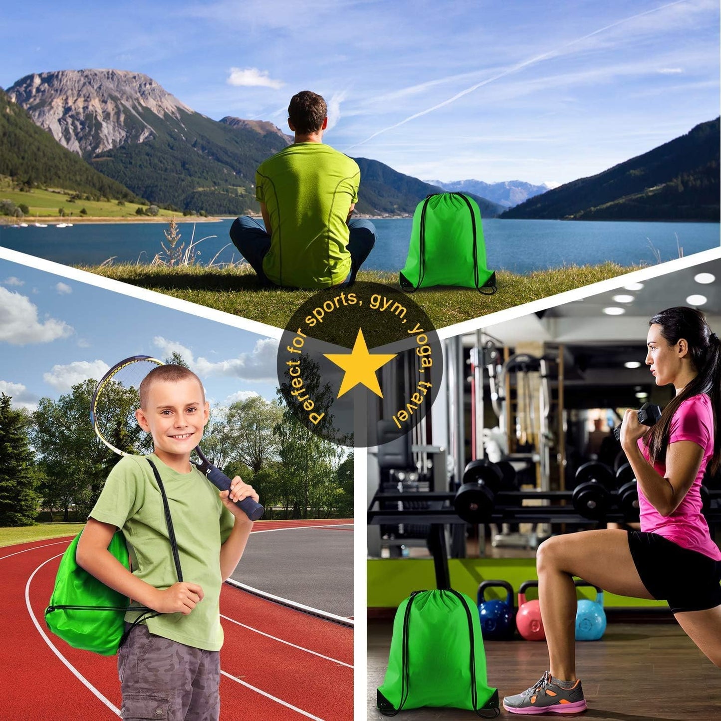 PLULON 25 Pcs Green Drawstring Backpack Bags Bulk String Backpack Cinch Sack Pull Sport Gym Backpack Bags for Yoga Traveling Outdoor Sports