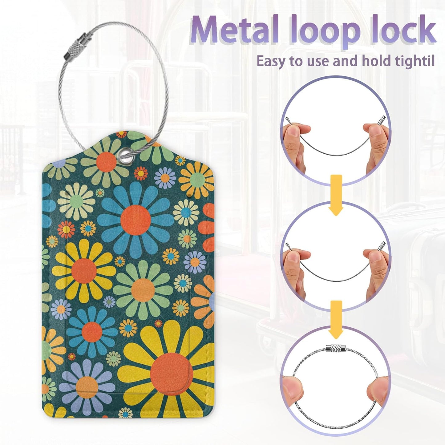 2Pcs Luggage Tag for Suitcase Hippie Flower Dasiy Cute Suitcase Tag with Privacy Flap & Name ID Label & Metal Loop,Travel Bag Luggage Tags for Women