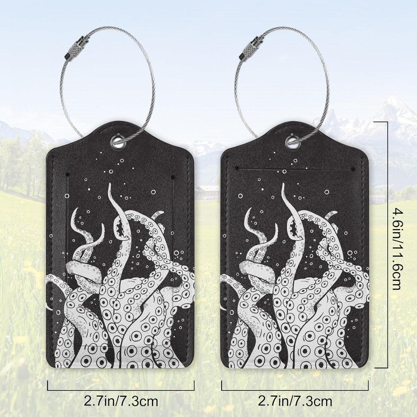 2 Pack Leather Luggage Tag for Suitcase Black Octopus Unique Travel Tags with Privacy Cover ID Label & Stainless Steel Loop for Men and Women Baggage