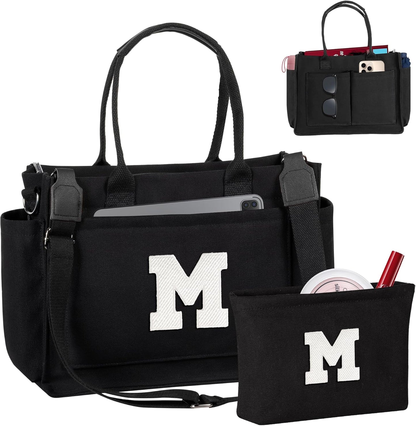 Gifts for Women Teen Girls, Initial Tote Bag with Zipper, Letter Canvas Tote Purse for College Work Laptop Beach