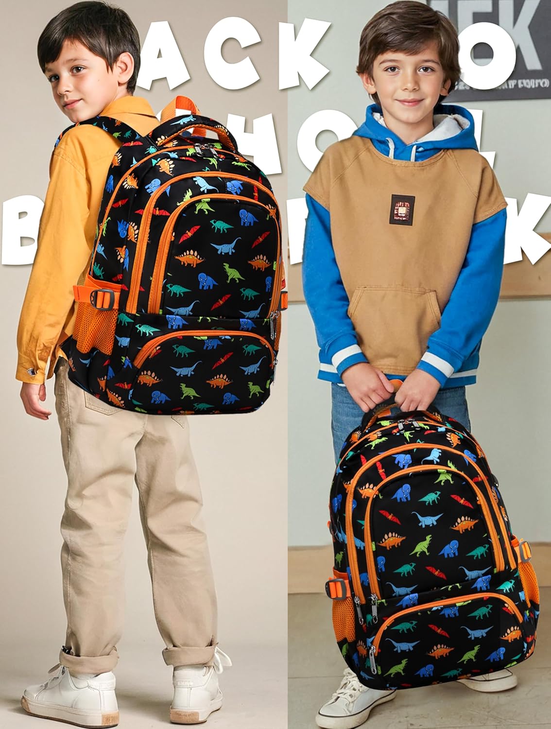 BLUEFAIRY Kids Backpacks for Boys Girls Elementary Primary Middle School Bookbags Back to School Bags for Childs Age 6-8 Mochilas Escolares para Niños Niñas 17 Inch Dinosaur Matte Black/Orange