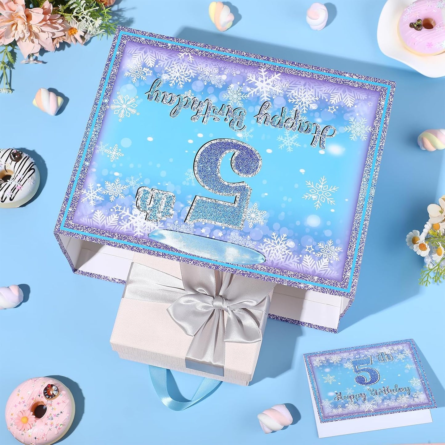 Frozen 5th Birthday Gift Bag for Girls, Large Purple Blue Snowflake Five Birthday Bags with Tissue Paper and Greeting Card Snow Frozen 5 Years Old Party Favor Bags for Girls 5th Bday Christmas Gift