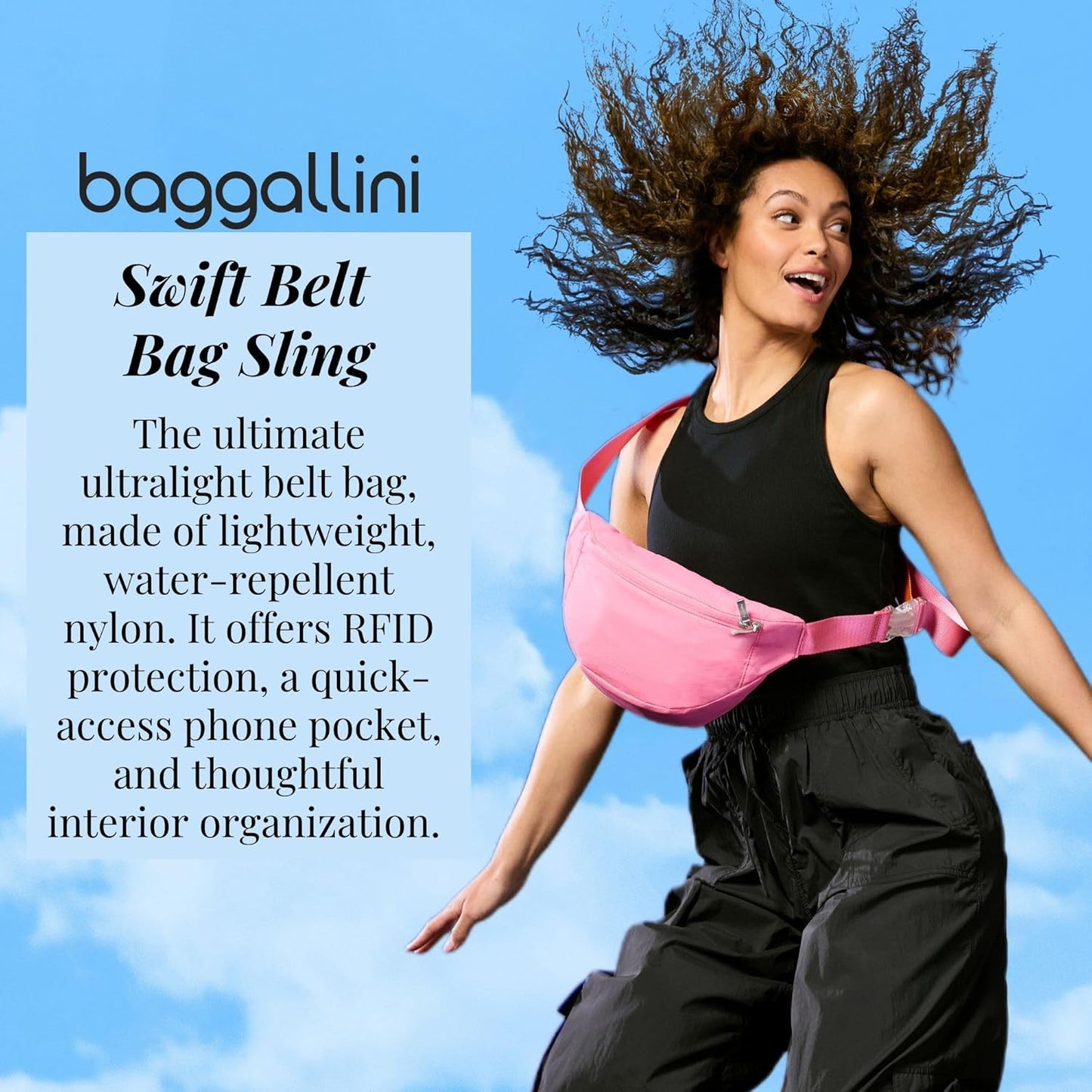 Baggallini Style Swift Belt Bag Sling Bag - Lightweight 12"x7" Crossbody Bag Fanny Pack Belt w/RFID
