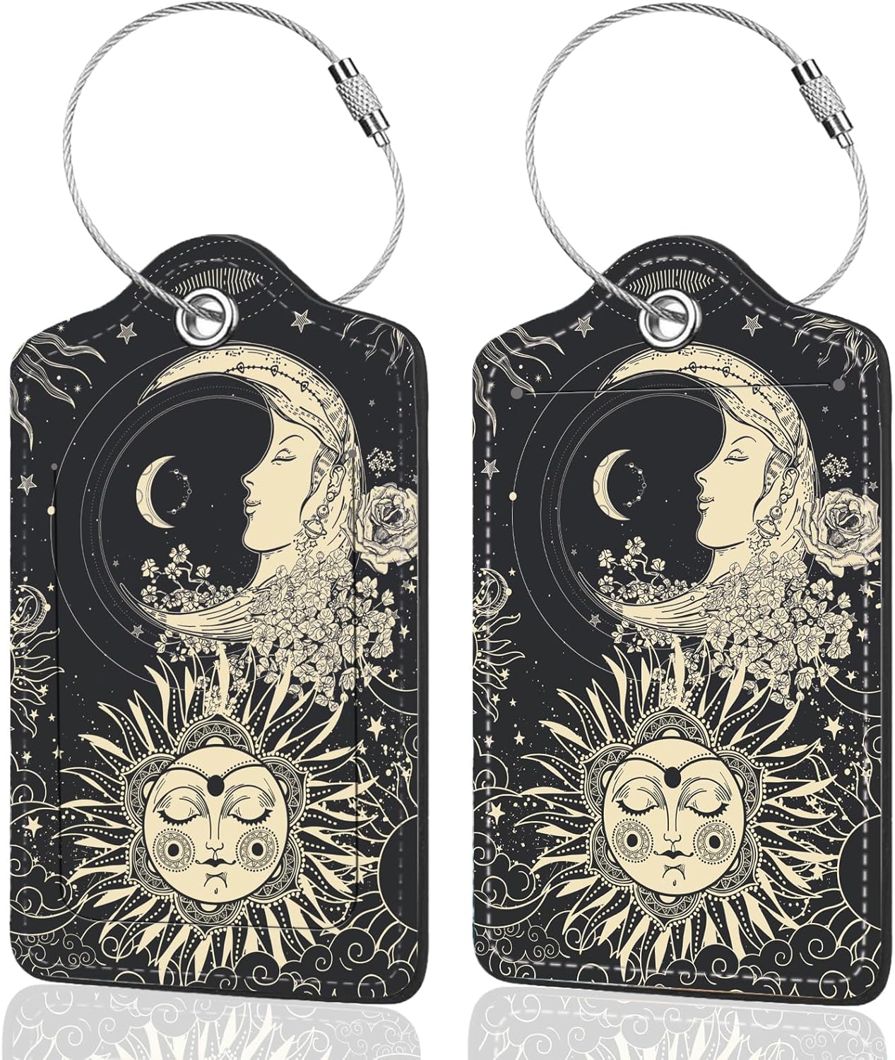 2Pack Luggage Tags for Suitcases, Cute Unique Pu Leather Cruise Luggage Tag with Privacy Cover ID Label Address Card and Metal Ring Suitable for Women Men Kids Travel Bag Sun, Moon, Face and Flower