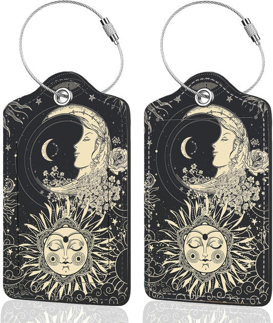 2Pack Luggage Tags for Suitcases, Cute Unique Pu Leather Cruise Luggage Tag with Privacy Cover ID Label Address Card and Metal Ring Suitable for Women Men Kids Travel Bag Sun, Moon, Face and Flower