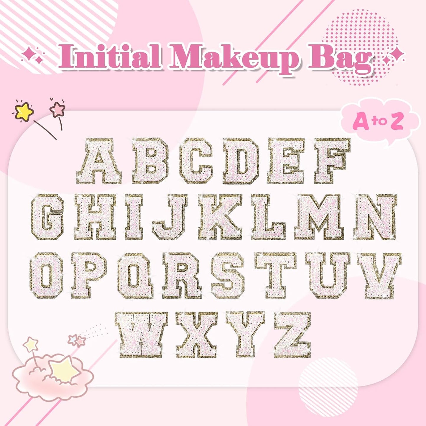 Small Personalized Initial A-Z Patch Makeup Bag,Pink Cute PU Leather Glitter Letter Cosmetic Bag for Teen Girls,Travel Toiletry Bag with Zipper,Preppy Monogrammed Birthday Gift for Daughter Niece A