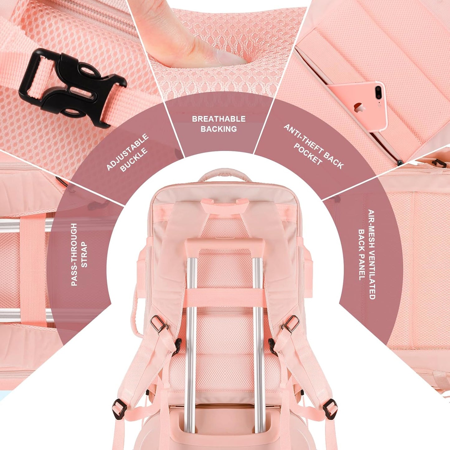 Travel Backpack, 55L Carry On Backpack for Men Women Flight Approved, Expandable Large Luggage Bag Daypack Water Resistant Overnight Business Weekender Bag, Fits 18.4 Inch Laptops, Pink