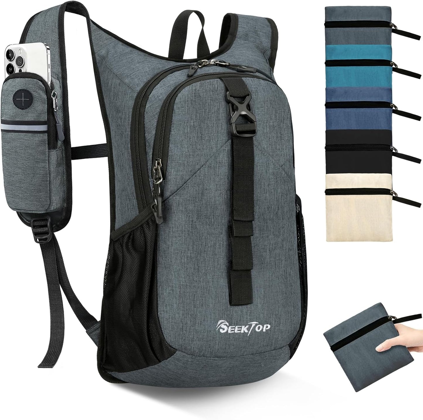 Seektop 15L Small Hiking Backpack for Women Men, Lightweight Hiking Packable Daypack with Phone Pocket for Travel Camping (Grey, 15L)