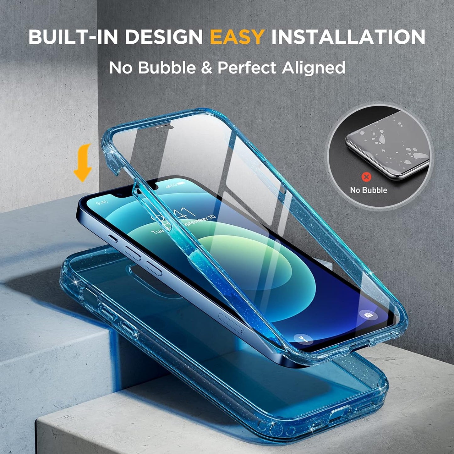 Miracase for iPhone 12/12 Pro Case 6.1 inch, Upgraded Full-Body Rugged Phone Bumper Case Cover with Built-in 9H Tempered Glass Screen Protector and Camera Protector, Glitter Blue