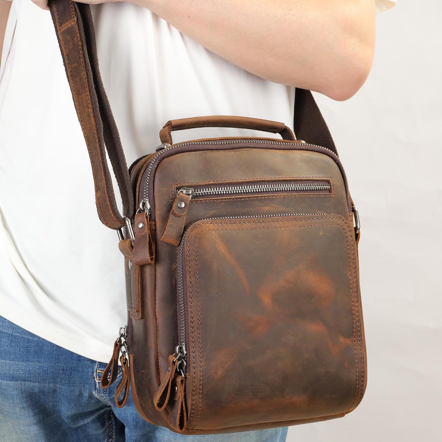 KPYWZER Genuine Leather Shoulder Bag Small Men Messenger Pack Handbag Sling Crossbody Bag Man Purse