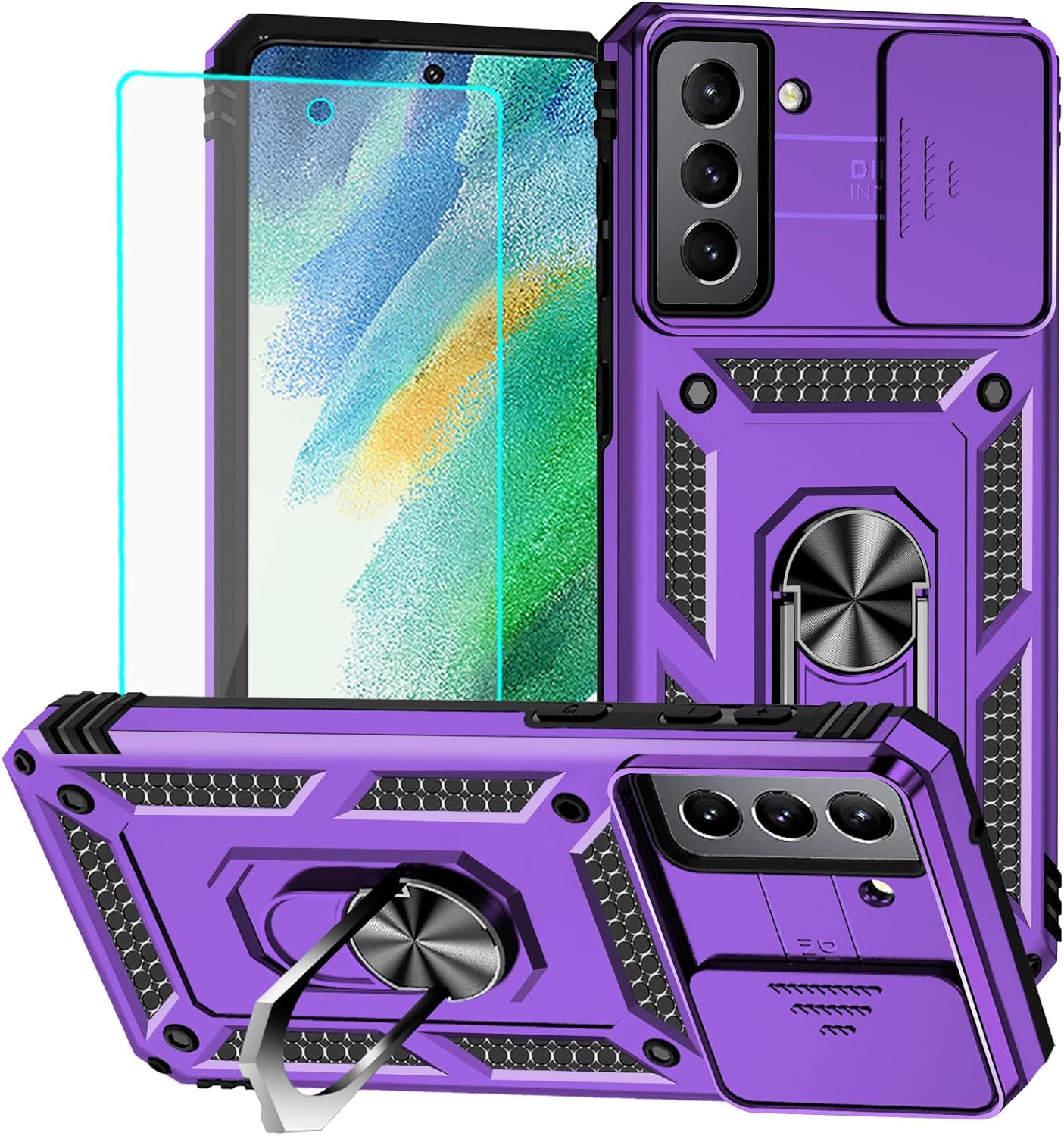 for Samsung S21 FE Case with Screen Protector: [Military Grade 20ft. Drop Tested] Ring Shockproof Protective Phone Case for -Samsung Galaxy S21 FE (Purple)