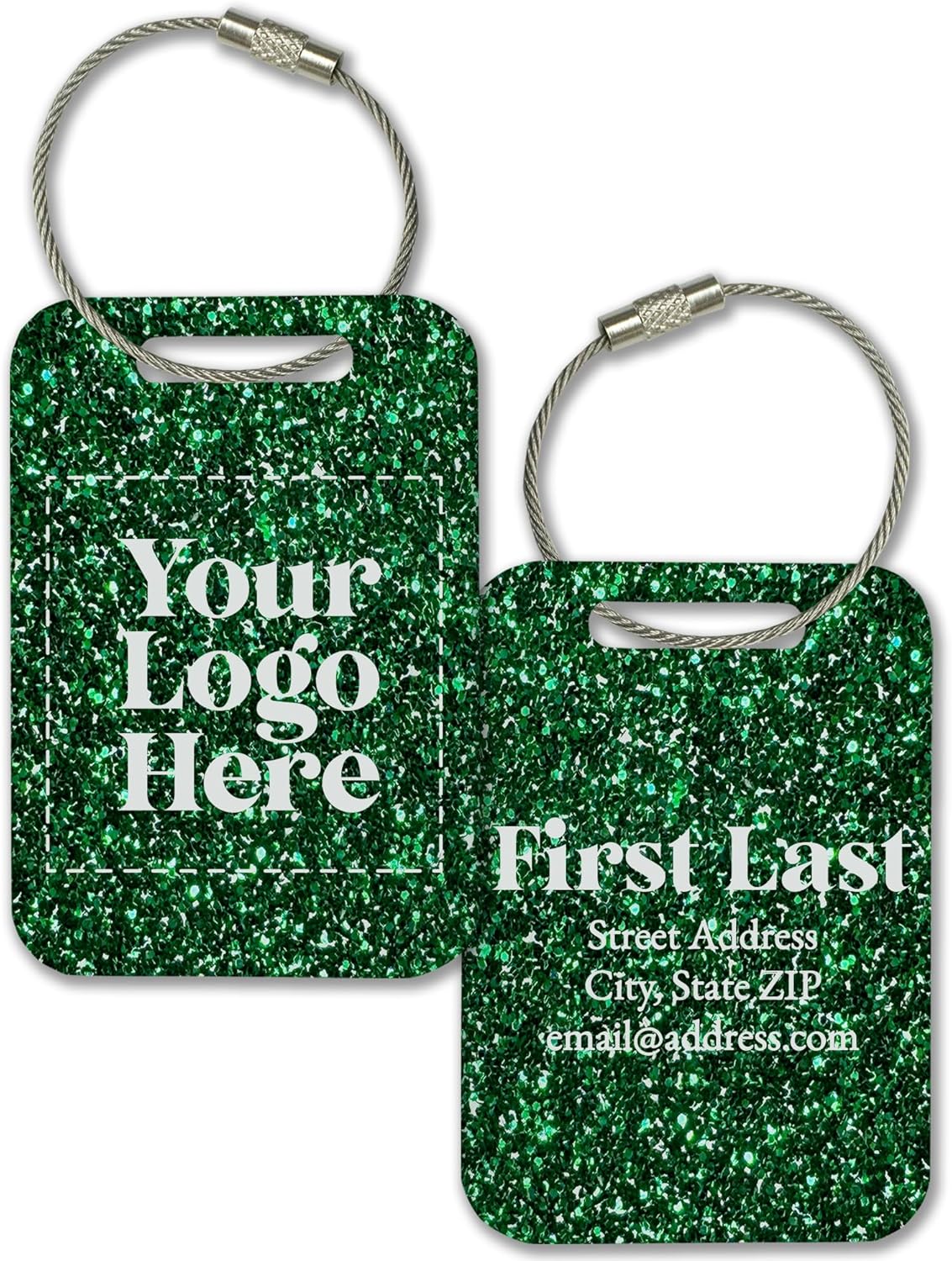 Personalized Logo Name Tag for Luggage (3 or 6 Count Pack) | Custom Tag for Suitcase | Acrylic Name Tag for Travel | Choose Your Font & Color | Backpack ID Label (Logo, Green Glitter)