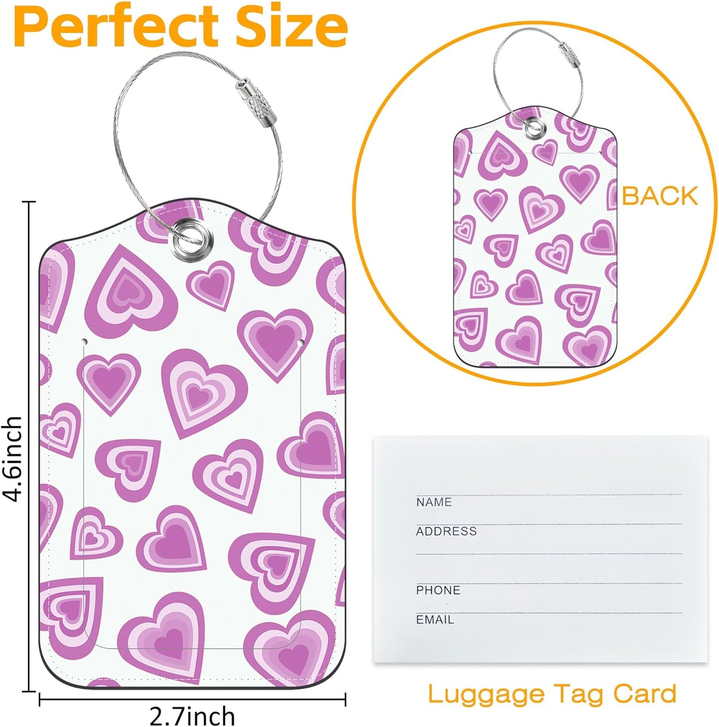 3 Pack PU Luggage Tags for Suitcase, Love Hearts Suitcase Tag Leather Privacy Cover ID Label with Stainless Steel Loop for Baggage Handbag School Bag Backpack