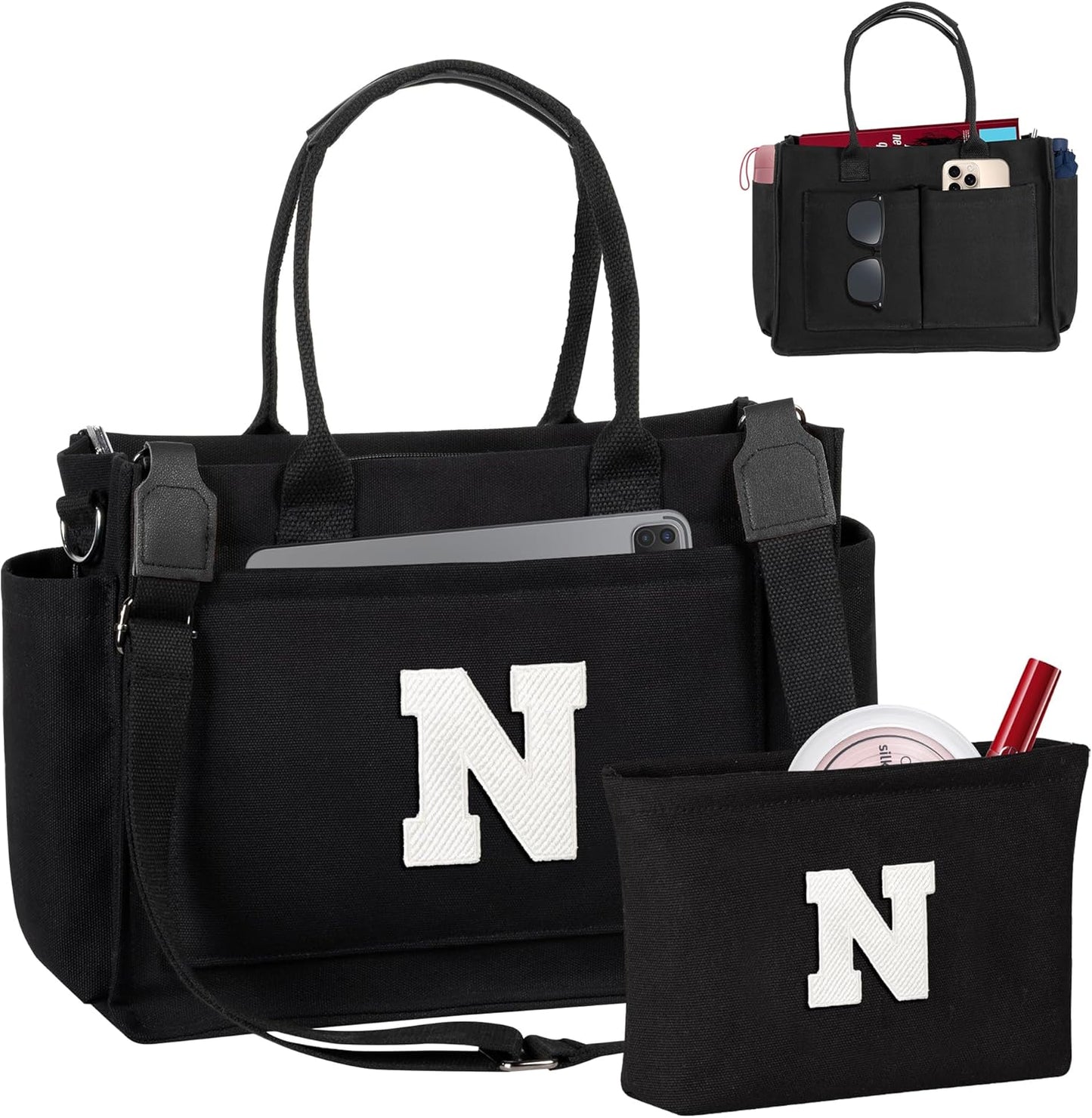 Gifts for Women Teen Girls, Initial Tote Bag with Zipper, Letter Canvas Tote Purse for College Work Laptop Beach