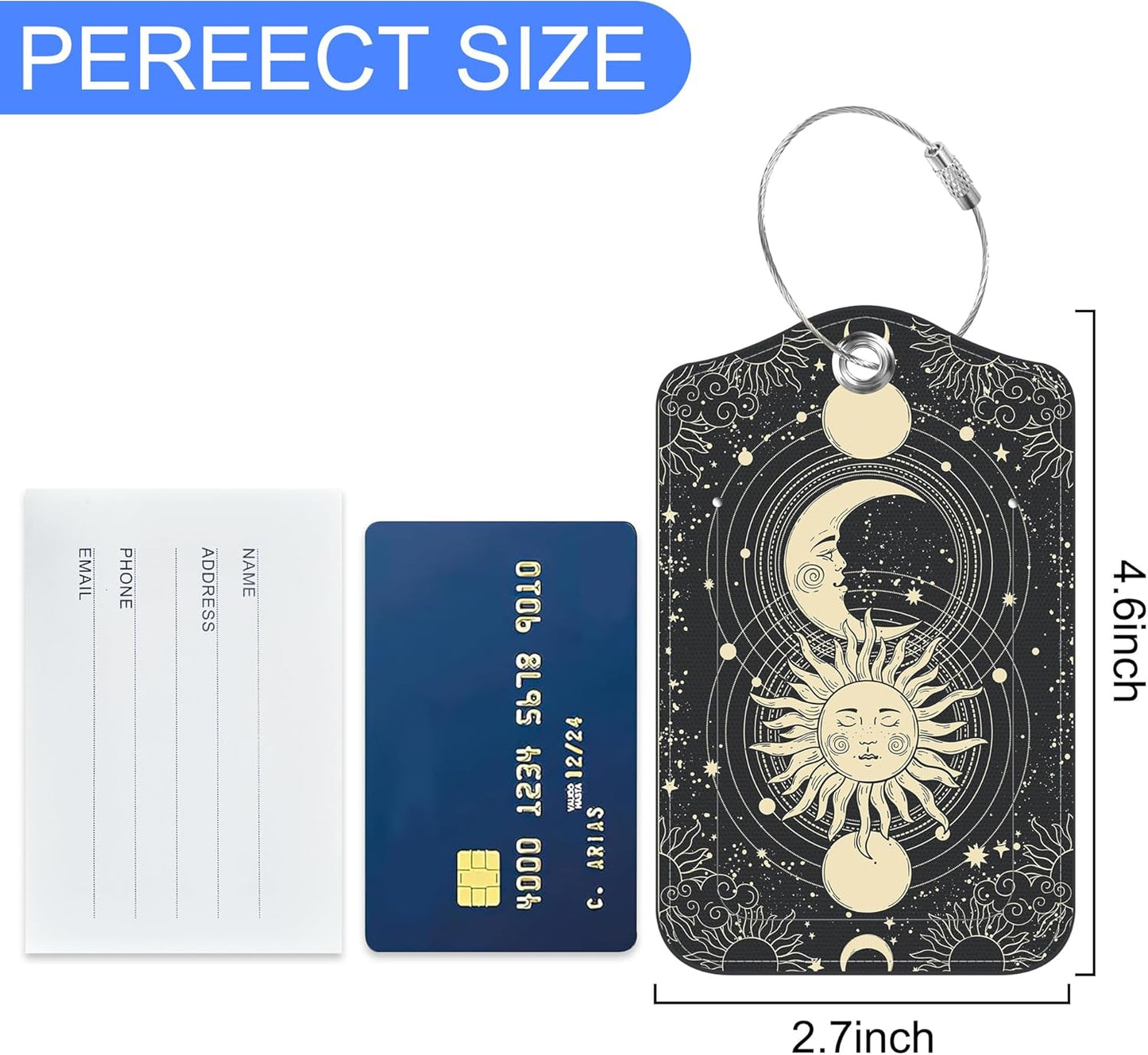 Boho Stars Planets Space Moon Luggage Tags Set of 2 Golden Crescent Moon Pattern PU Leather Travel Baggage Tags with Privacy Cover and Stainless Steel Loop for Teens Adults Travel Bag Suitcase