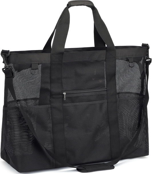 Mesh Beach Bag, Large Beach Tote with Zipper Pocket for Family Pool Bag for Toys & Vacation Essentials