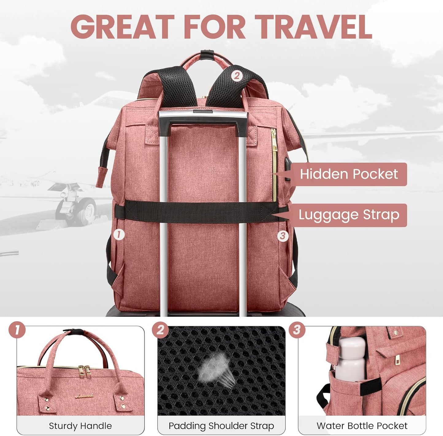 LOVEVOOK Laptop Backpack for Women,17 Inch Professional Womens Travel Backpack Purse Computer Laptop Bag Nurse Teacher Backpack,Waterproof College Work Bags Carry on Back Pack with USB Port,Light-pink