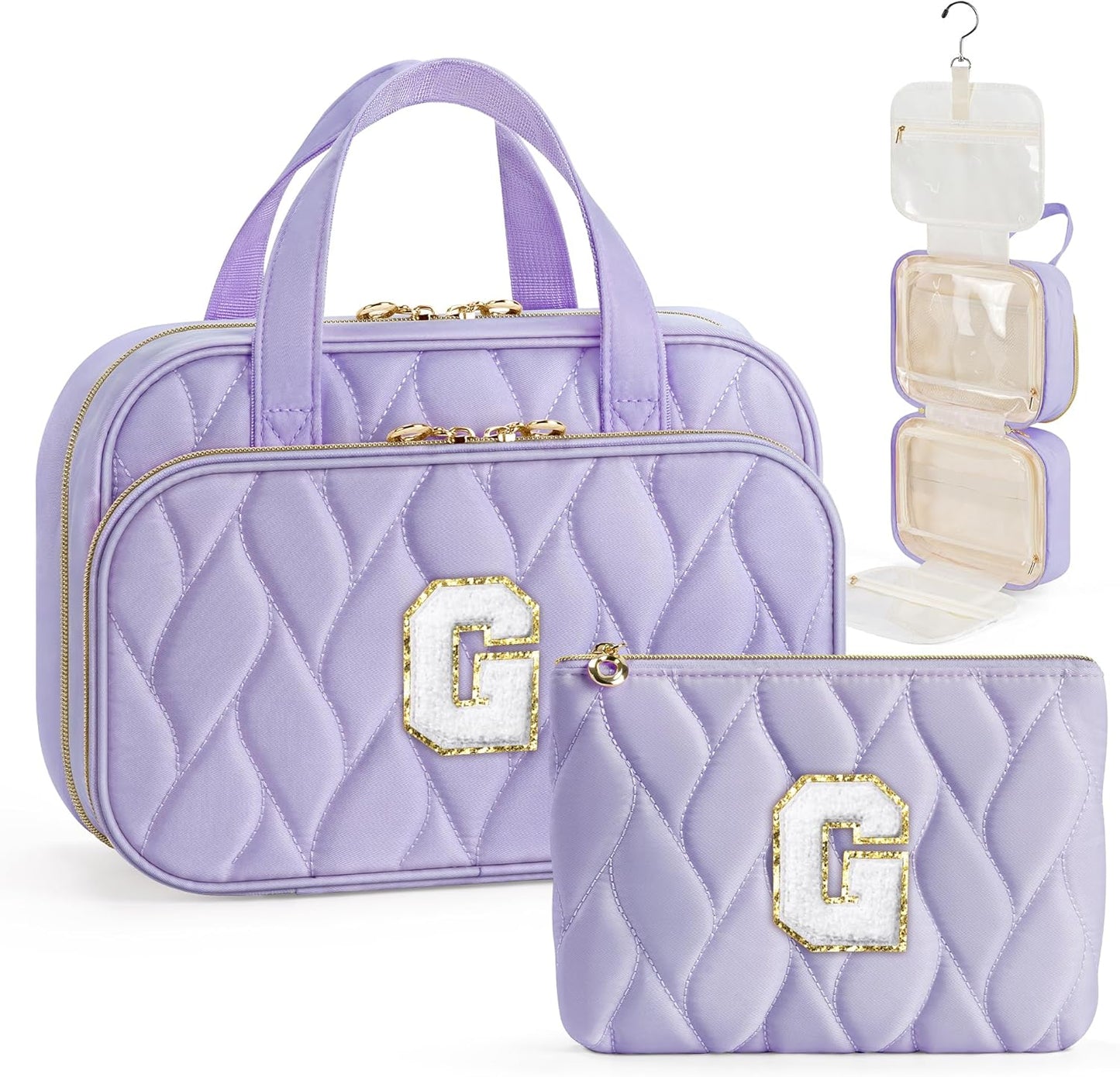 YOOLIFE Travel Toiletry Bag for Women - Hanging Toiletry Bag Initial Makeup Bag, Portable Toiletries Cosmetic Bag, Airplane Travel Essentials Purple - G