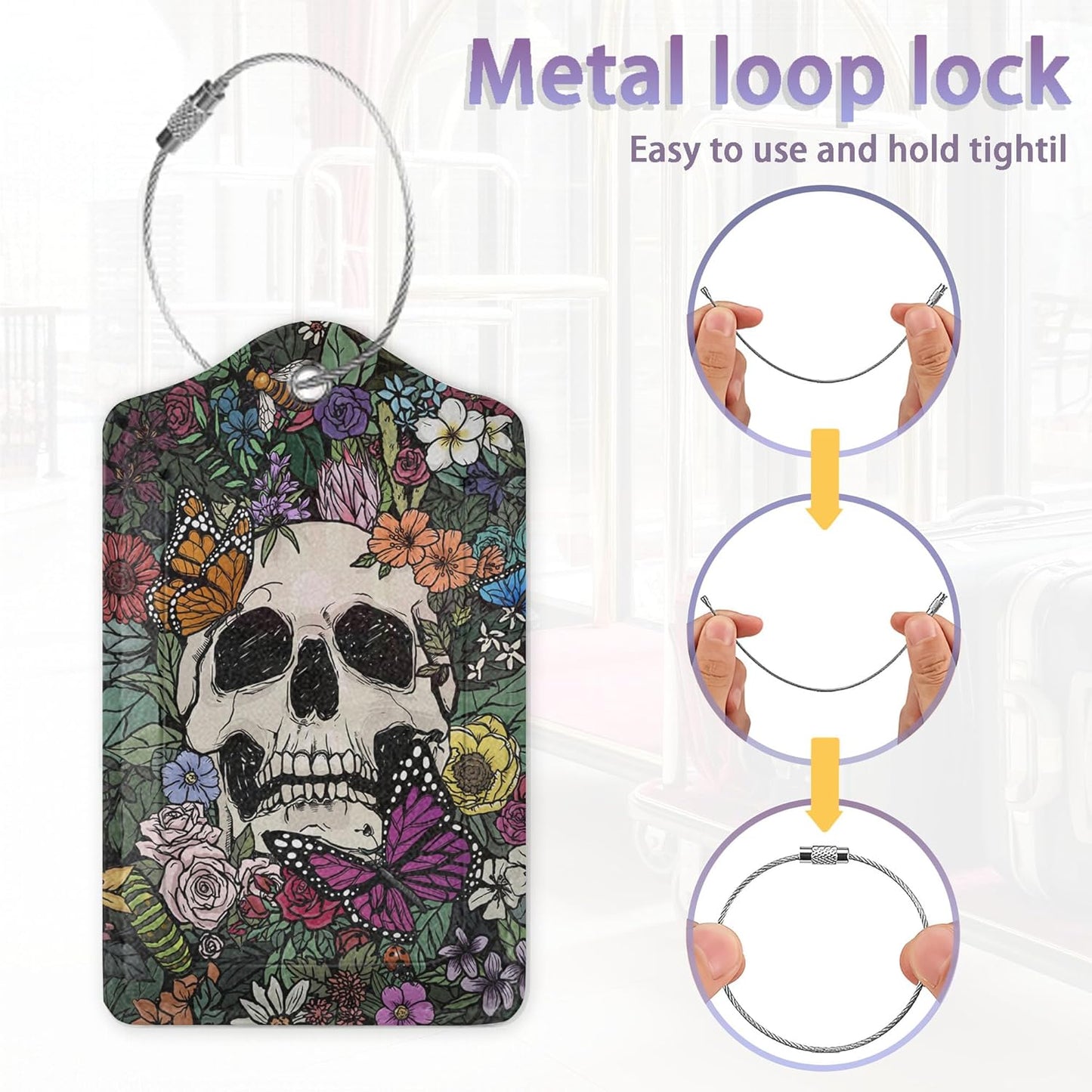 Luggage Tag for Suitcase Gothic Skull Flowers Cute Luggage Tag with Privacy Flap & Name ID Label & Metal Loop,Travel Suitcase Tags for Women 2Pcs