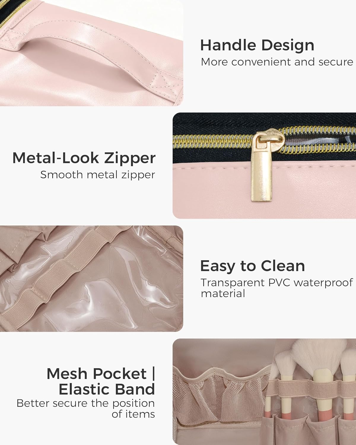 Hanging Toiletry Bag, PU Leather Makeup Bag Large Capacity with Jewelry Organizer for Brushes Set, Cosmetic Accessories, Pink