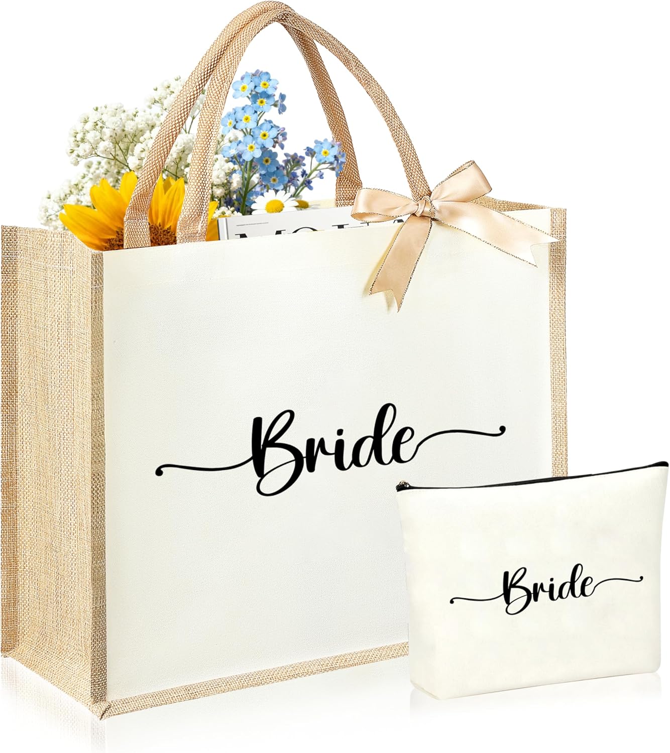 Initial Canvas Tote Bag & Makeup Bag for Women Teacher Bridesmaids，Personalized Present for Wedding, Birthday, Beach