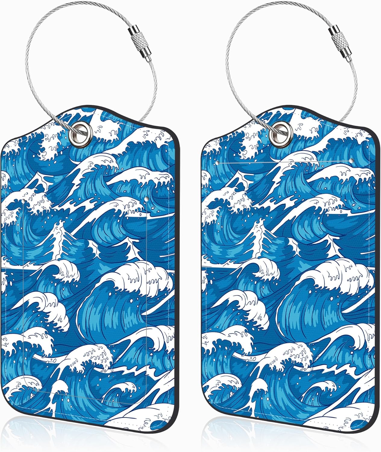 2 Pack Luggage Tags for Suitcases Japanese Sea Wave Leather Luggage Tags Privacy Cover ID Label with Stainless Steel Loop and Address Card for Women Men Travel Bag Backpack