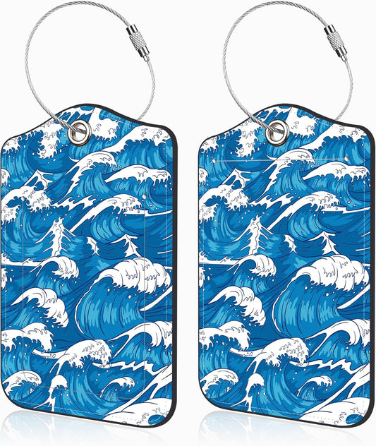 2 Pack Luggage Tags for Suitcases Japanese Sea Wave Leather Luggage Tags Privacy Cover ID Label with Stainless Steel Loop and Address Card for Women Men Travel Bag Backpack