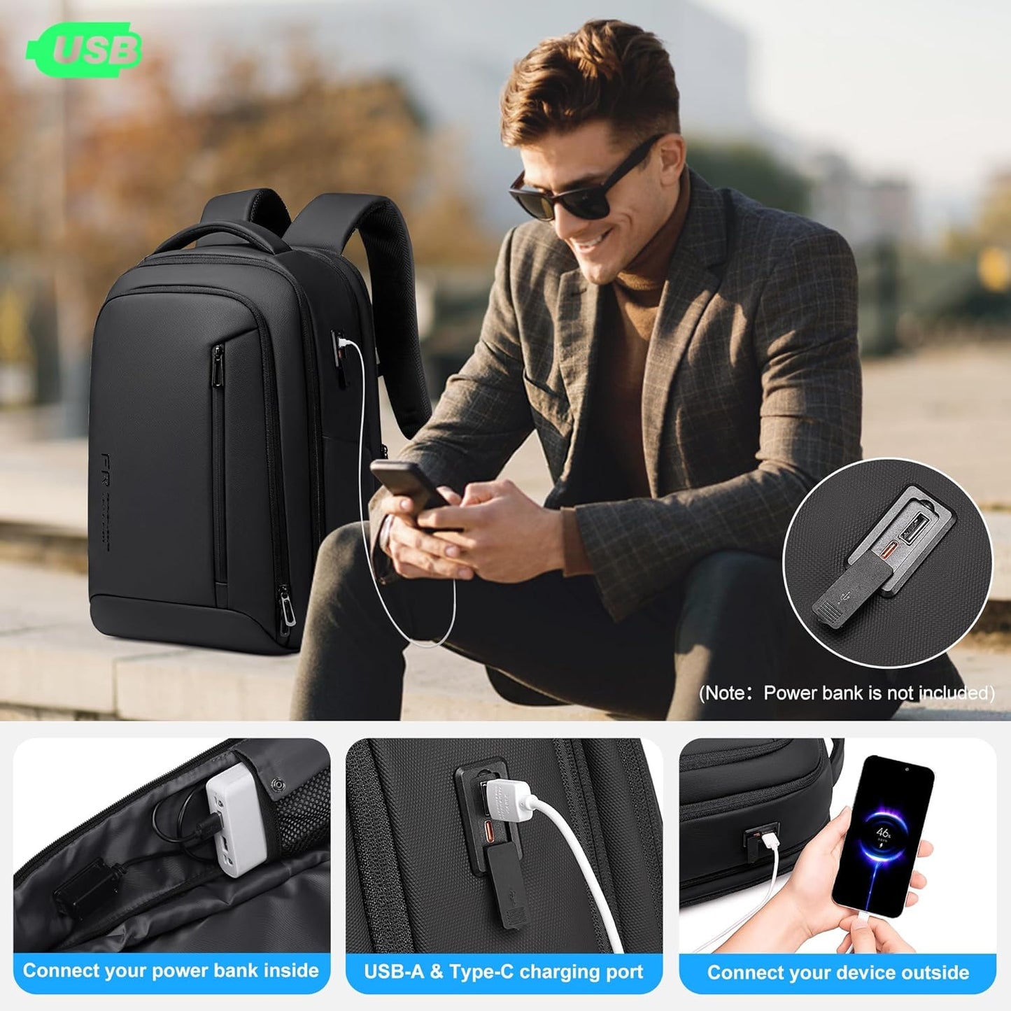 Business Travel Backpack for Men, Expandable Water Resistant 17 Inch Laptop Backpack with USB Port, Black Computer Backpack for College/Work