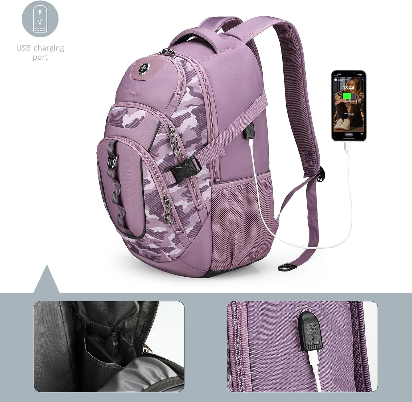 Swissdigital Design Laptop Backpack with USB Charging Port, Travel Backpack Fits 15.6 inches Computer, 31L College School Backpack for Men, Pink Camo | SD803