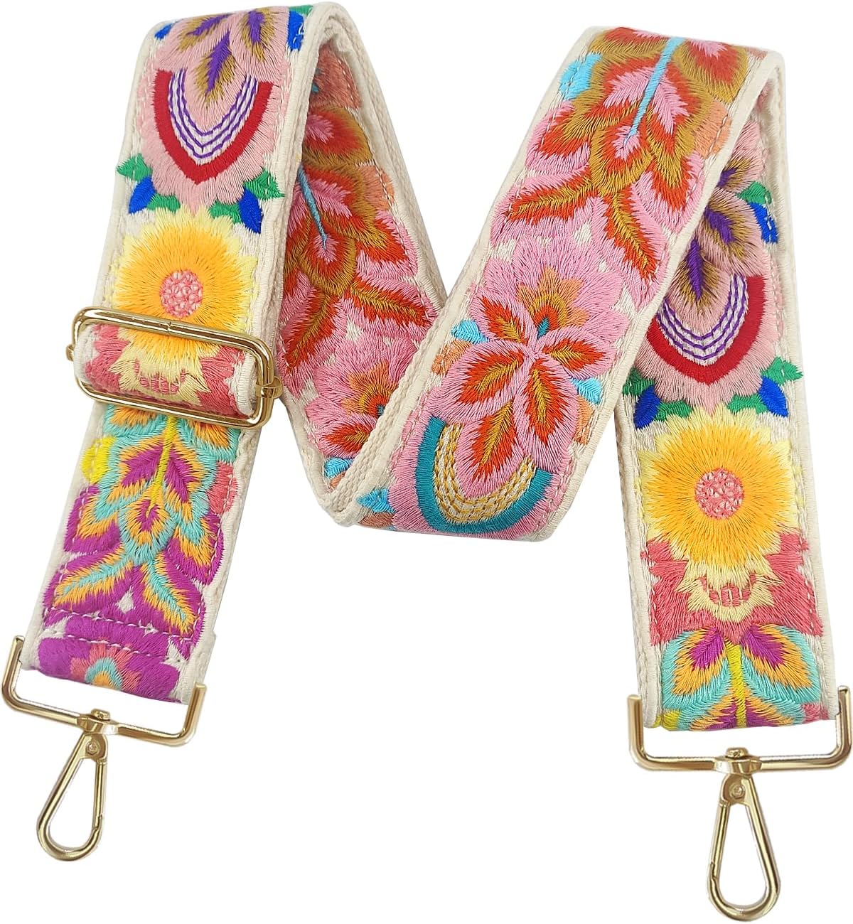 Embroidery Flower Purse Strap Replacement Crossbody 2 Inch Wide with Letter S Keychain for Women's Handbags