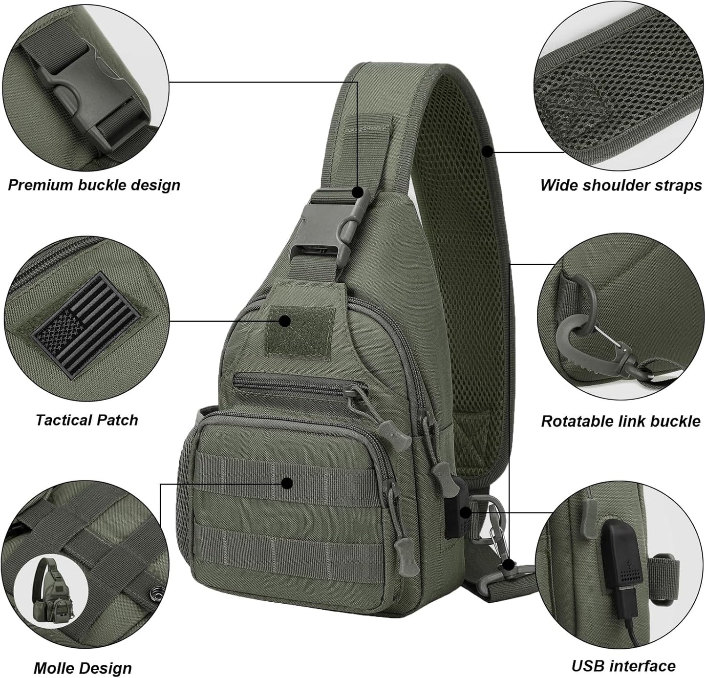 ZHIERNA Tactical Sling Crossbody Backpack with Water Bottle Holder, MOLLE EDC Shoulder Sling Chest Bags with USB Charging Port for Travel Walk(Grey Green)