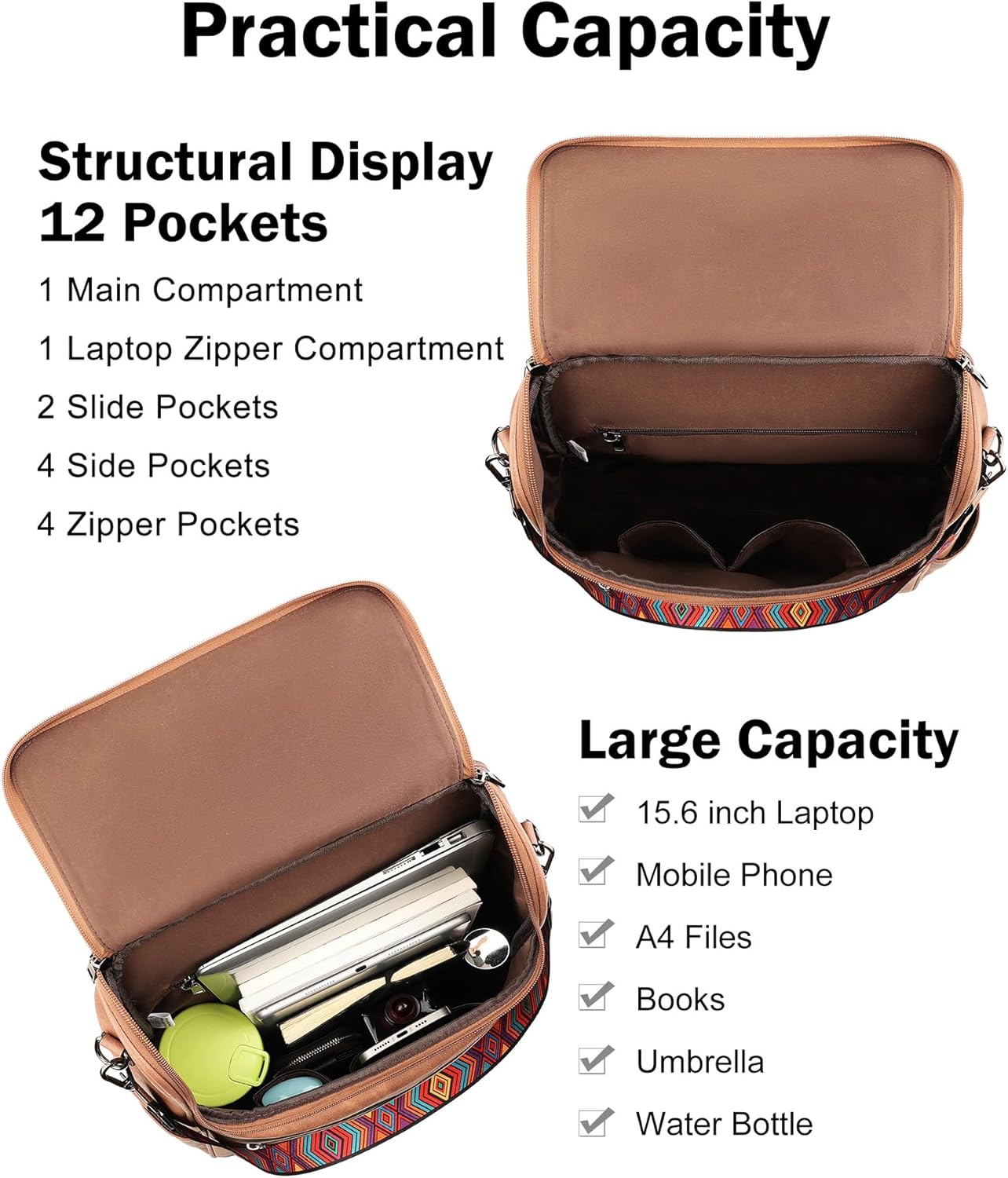 FADEON Laptop Backpack for Women Leather Travel Backpack with Laptop Compartment, Designer Ladies Computer Backpacks Brown