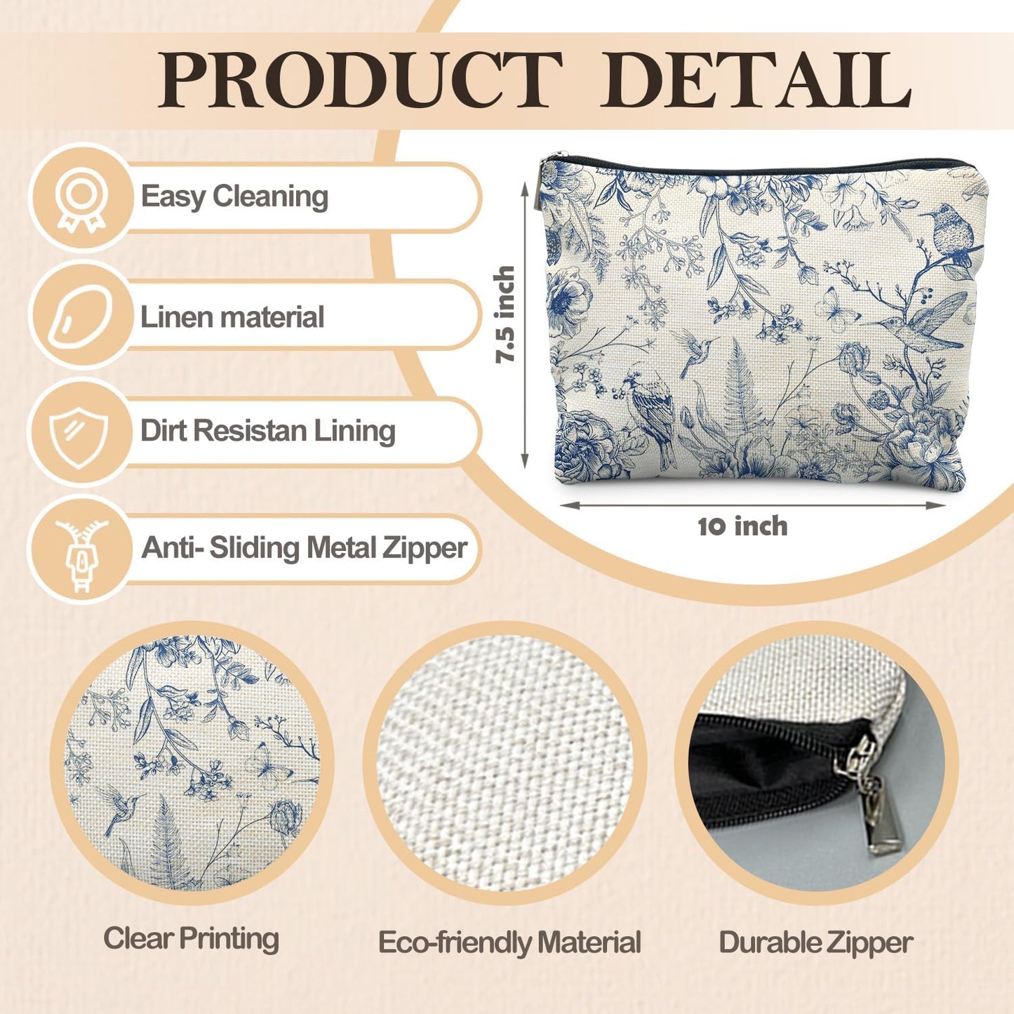 Chinoiserie Floral Makeup Bag, Chinoiserie Decor Cosmetic Bag Toiletry Bag for Women, Floral Bird Makeup Bag, Chinoiserie Makeup Pouch