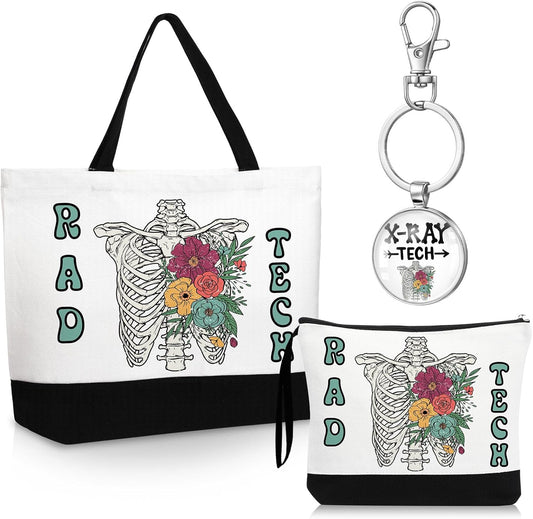 Kacctyen 3 Pcs Radiologic Technology Gifts Fine Canvas Tote Bag Cute Makeup Cosmetic Bag Radiologic Technologist Appreciation Keychains Rad Tech Gifts for Women Female Birthday Christmas