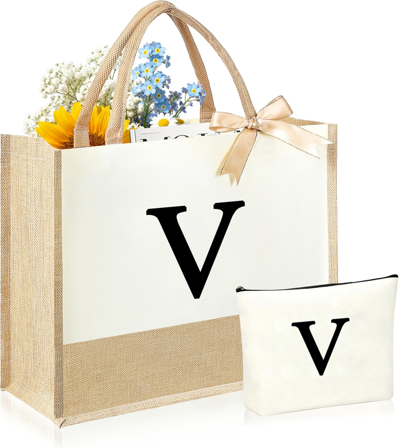 Initial Canvas Tote Bag & Makeup Bag for Women Teacher Bridesmaids，Personalized Present for Wedding, Birthday, Beach