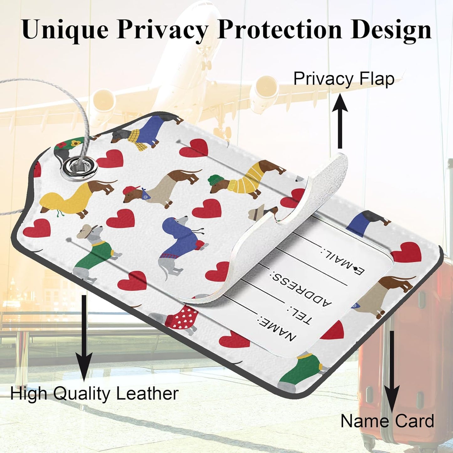 Cute Colorful Dog 2 Pack PU Leather Luggage Tags for Suitcase, Red Heart Travel Cruise Tag with Privacy Flap, Name ID Label and Metal Loop for Women Men Baggage Handbag School Bag