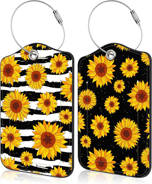 Sunflowers Luggage Tags Set of 2 Blooming Sunflower PU Leather Travel Baggage Tags with Privacy Cover and Stainless Steel Loop for Teens Adults Travel Bag Suitcase