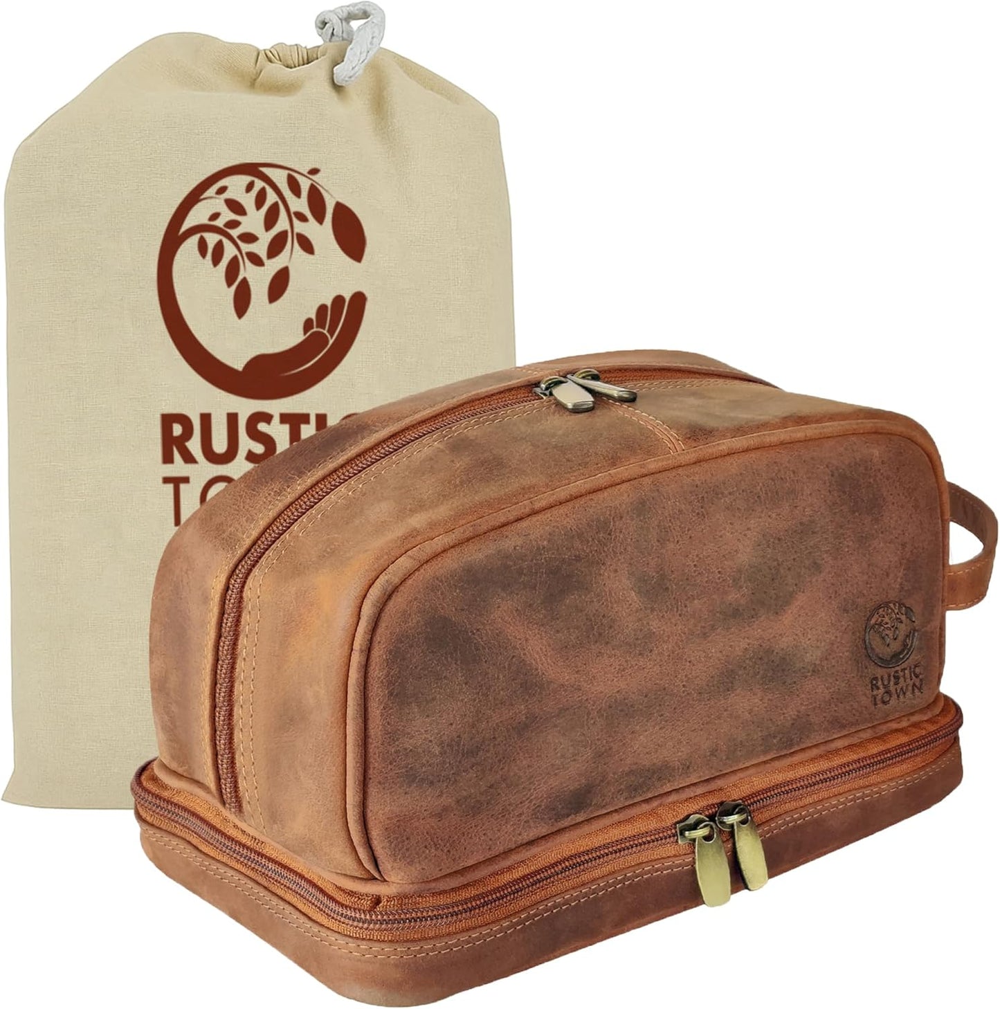 RUSTIC TOWN Leather Toiletry Bag - Waterproof Ditty Kit for Men and Women, Travel Organizer for Full-Size Essentials, TSA Approved