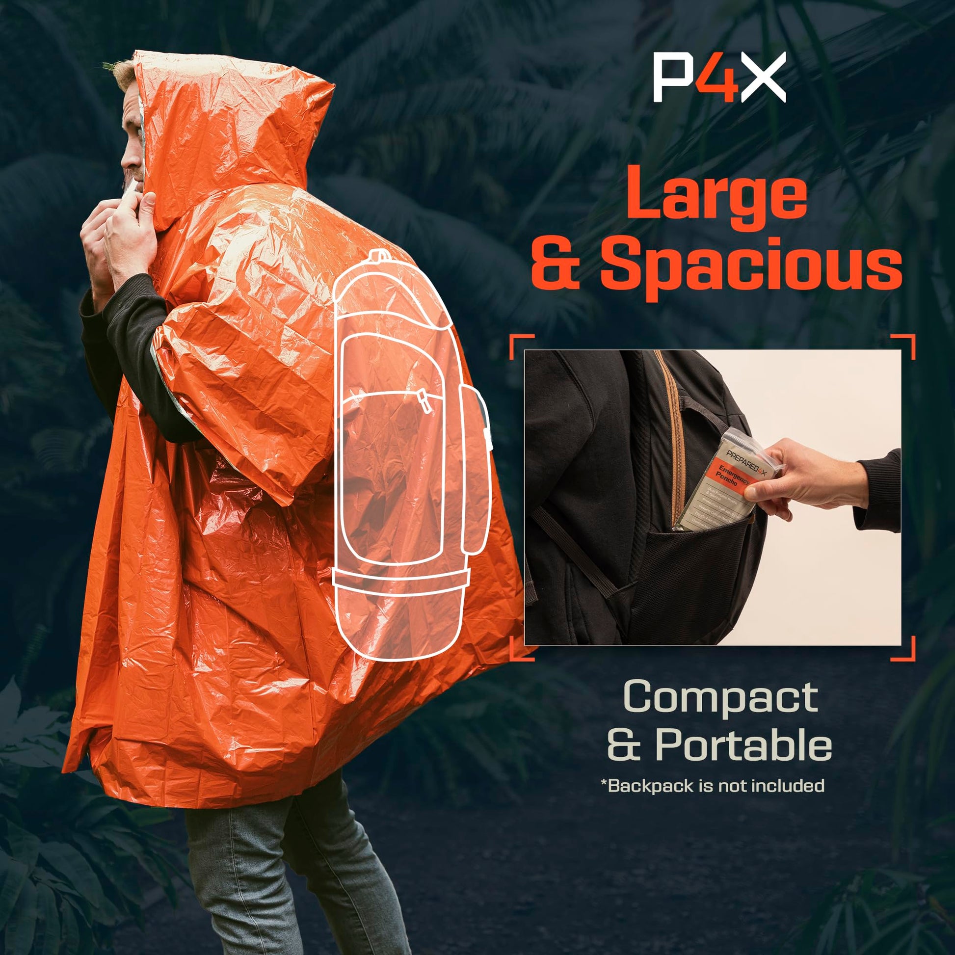 PREPARED4X Emergency Mylar Poncho – Survival Rain Poncho with Hood – Lightweight, Compact, Reusable
