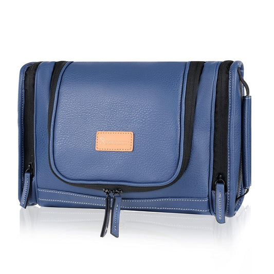MIRASON Hanging Toiletry Bag for Men PVC Leather Dopp Kit Waterproof Travel Organizer Bag with Sturdy Metal Hook and Handle for Bathroom Shower Cosmetics Camping Brushes Shaving (Blue)