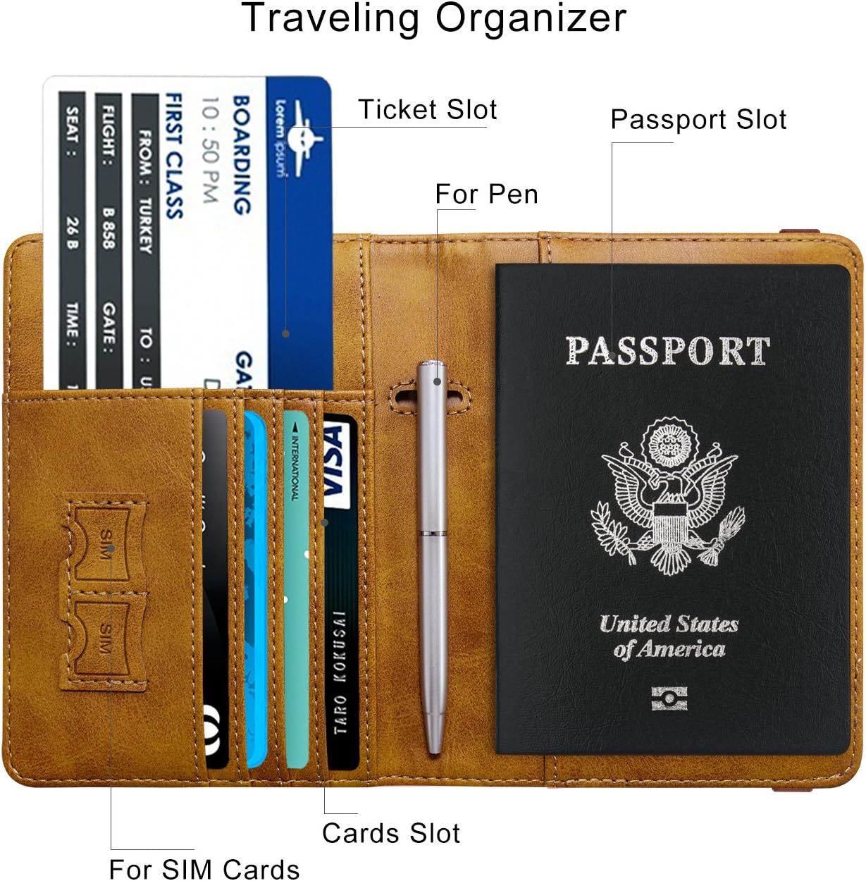 WALNEW Passport Holder for Travel, RFID Passport Cover Wallet for Women Men, PU Leather Passport Book Card Holder Case with Pen, Travelling Essentials for Flying (Elastic Band Closure, AA-Brown+Blue)