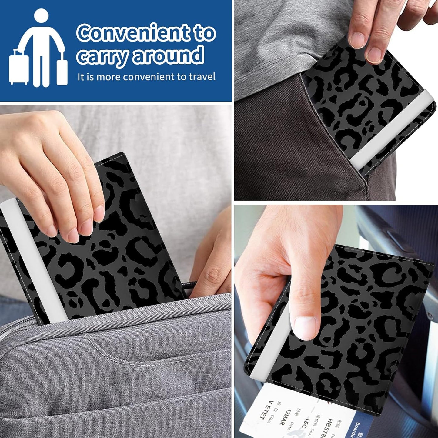 Passport Holder for Travel Essentials, Leather RFID Blocking Passport Wallet Cover Case, Cute Passport Book Holders for Women and Men Luxury Black Leopard