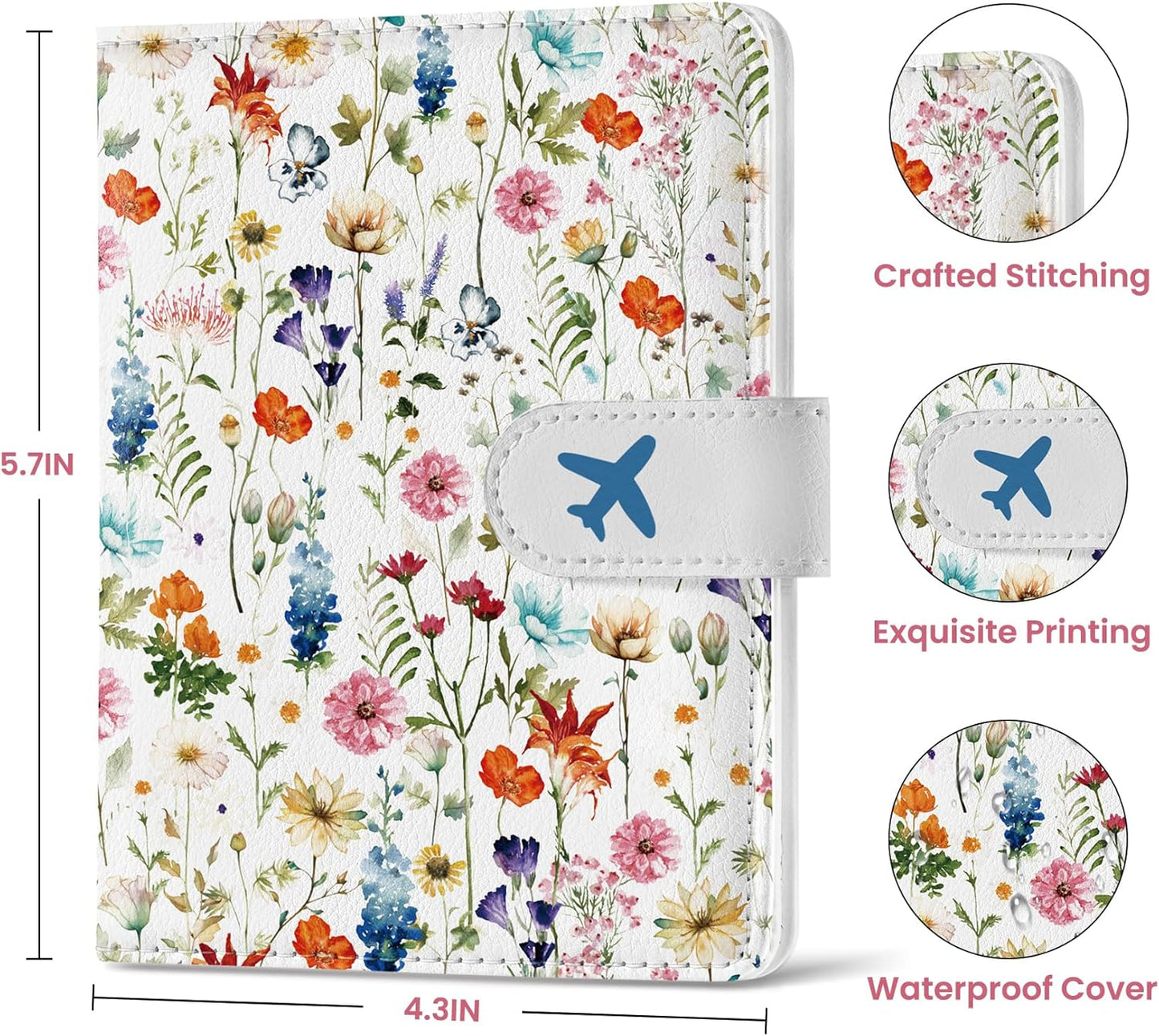 Passport Holder for Travel Essentials, RFID Blocking Leather Cover Wallet with Magnetic Closure, Aesthetic & Cute Passport Book Case for Women and Men - Wildflower